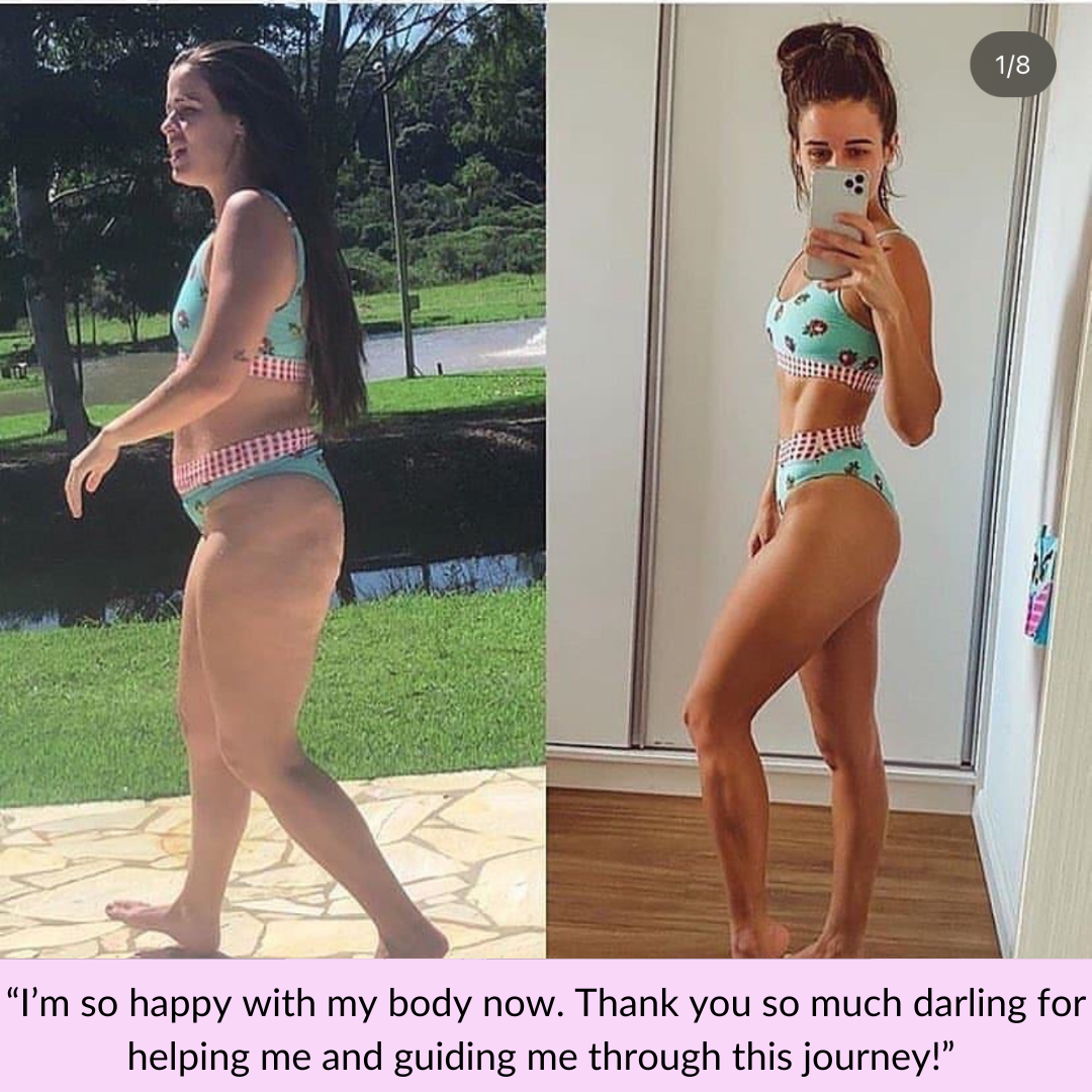 Client progress comparison in two side-view photographs